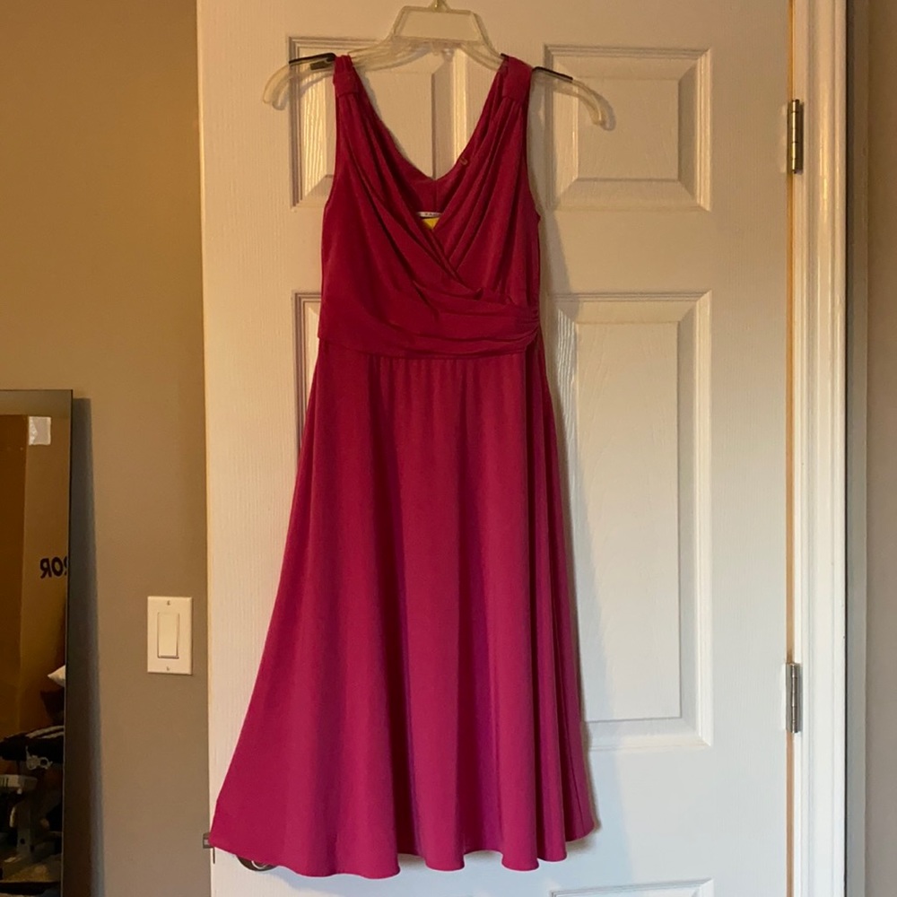 Tahari pink mock wrap top flare dress